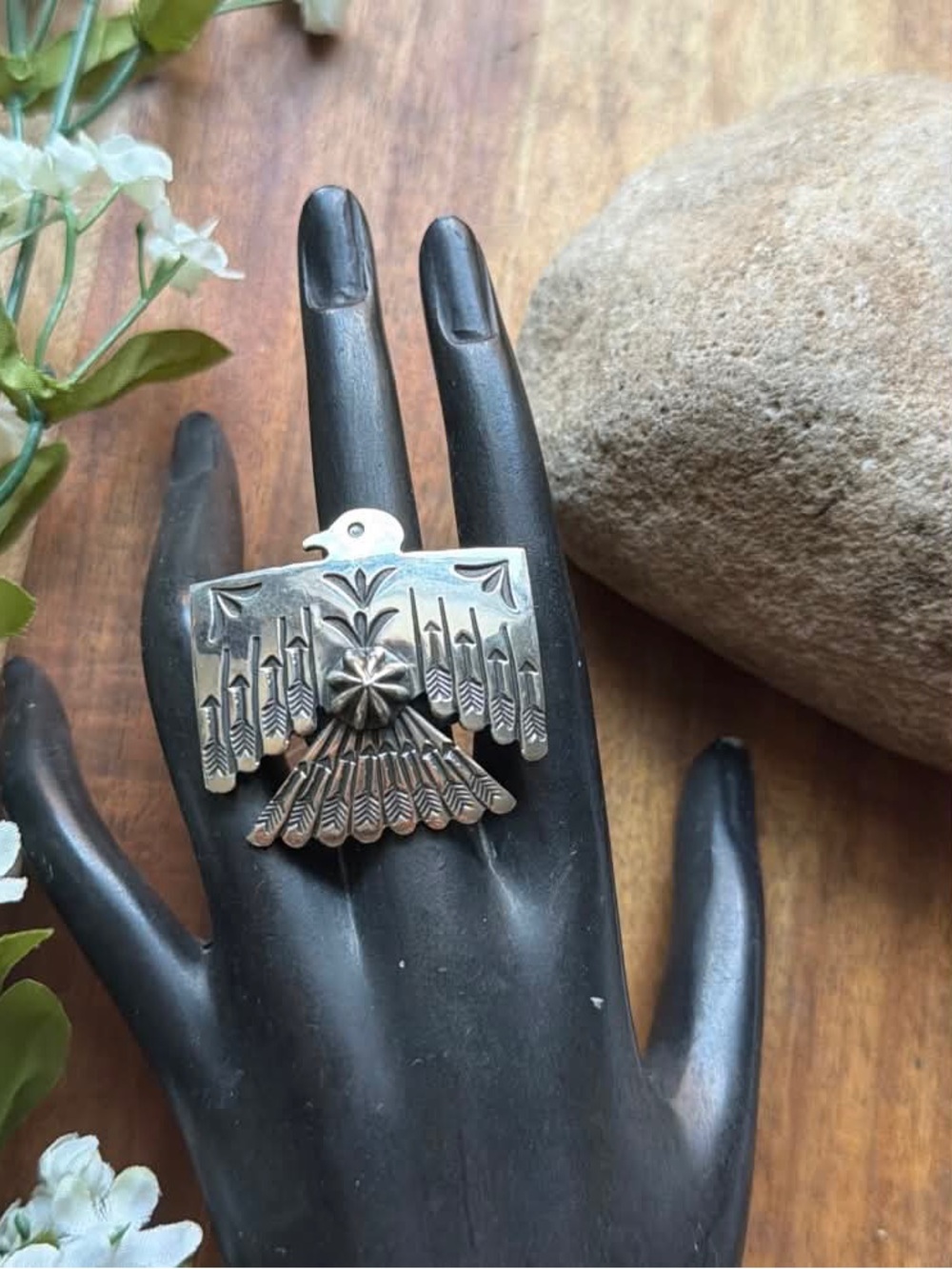 Navajo Sterling Silver Thunderbird Stamped Adjustable Ring Sunshine Reeves - Picture 5 of 12